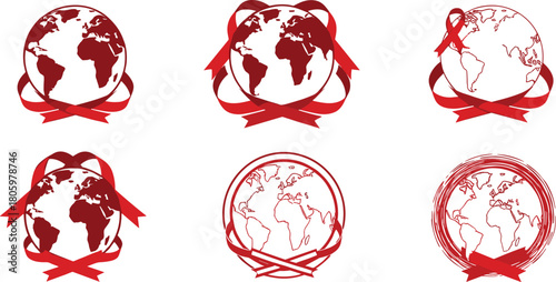 Six red ribbon and earth globe emblems with varied designs world continents