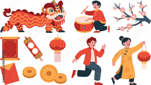 Chinese New Year Celebration Elements Lion Dance, Lanterns, Drum, Blossom Branch, and People Illustration