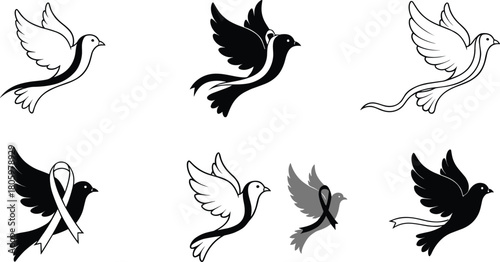 Six stylized dove illustrations with ribbons and awareness ribbons in black white and grey