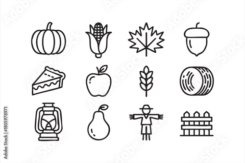 Autumn harvest icon set with pumpkin, corn, wheat, fruit, and rustic farm elements