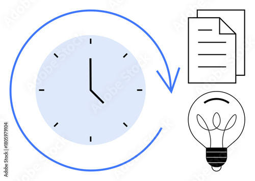 Clock with arrow circling backward, stack of documents, and lightbulb representing time management, ideas, and productivity. Ideal for planning, organization, brainstorming, efficiency deadlines