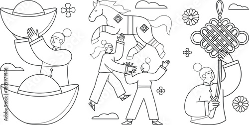 Chinese New Year Coloring Page People Celebrating with Gold Ingots, Horse, and Knot Decoration