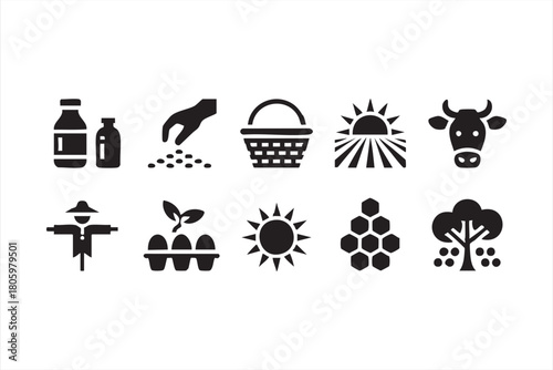 Rural farming vector bundle featuring harvest baskets, livestock, and crops