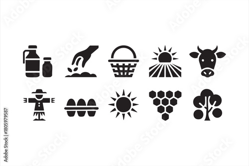 Agrarian icon collection with planting, eggs, sun, and natural produce symbols