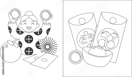 Coloring Page Asian Celebration with Mandarin Oranges, Gold Ingots, and Lucky Red Envelopes
