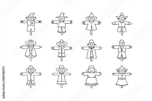 Rustic farm scarecrow outline collection for countryside and harvest themes