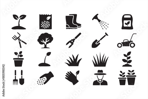 Garden maintenance icon collection with pruners, lawn mower, watering, and seeds