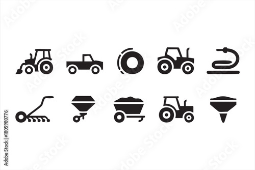 Farming equipment vector bundle with hose reel, sprayer, planter, and transport tools