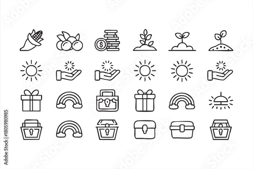 Harvest and growth line icon set featuring sun, plants, gifts, and treasure symbols