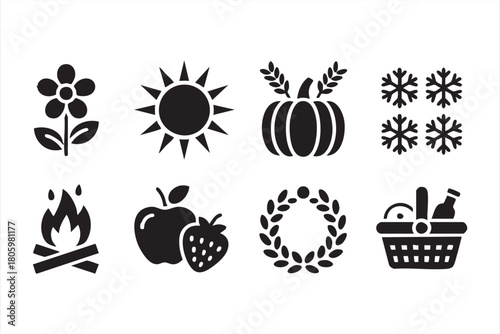 Black silhouette seasonal icons of flower, sun, pumpkin, snowflakes, and food