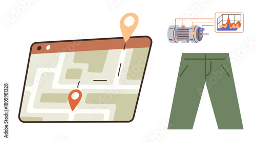 Map with location markers showing route, industrial motor connected to performance graph, and green pants. Ideal for navigation, industry, fashion, data, tracking innovation creativity. A simple