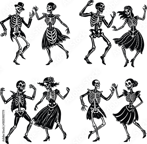 Dancing skeleton silhouette set in vintage Halloween style, spooky festive bone characters dancing collection