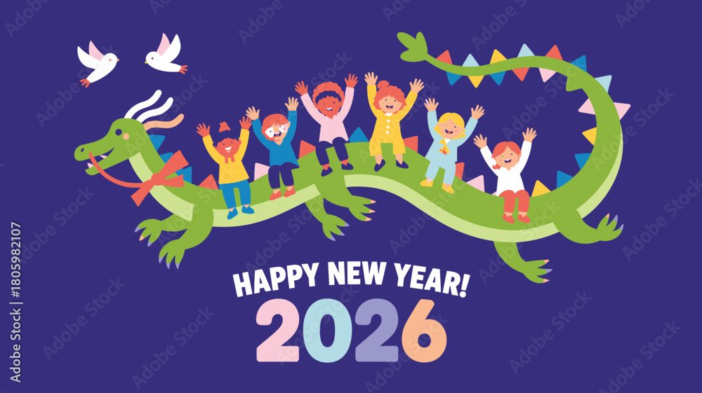 Fototapeta premium Happy New Year 2026 Children Riding a Green Dragon with Festive Bunting and Flying Birds