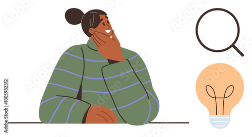 Person ponders with hand on chin, large magnifying glass, and lightbulb illustration. Ideal for creativity, research, curiosity, problem-solving, ideas discovery and innovation themes. Minimalist
