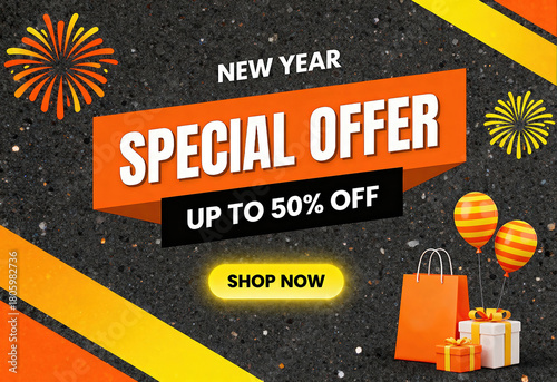 Happy new year special offer banner with up to 50% off, featuring fireworks, balloons, and gifts on dark background