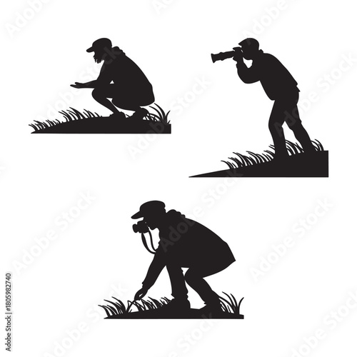 Silhouette wildlife photographers exploring nature landscapes with cameras while observing plants and surroundings carefully