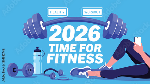 Illustrated 2026 Fitness Goal With Dumbbells, Water Bottle, Headphones, and Person Holding Phone