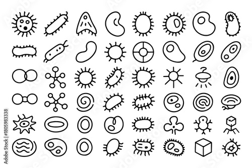 An artistic collection of diverse microorganisms with unique shapes and forms