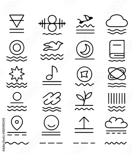 A collection of minimalistic line art icons featuring a variety of symbols, representing abstract concepts