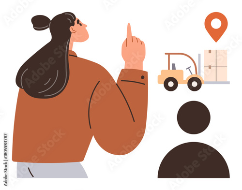 Person pointing upward towards forklift moving boxes and a location pin, adjacent to a user icon. Ideal for logistics, supply chain, delivery service, transportation, warehouse management, planning
