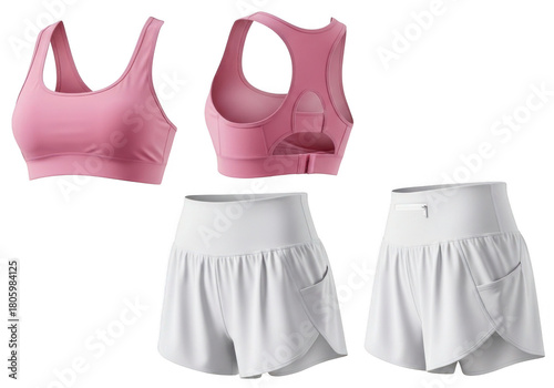 Pink sports bra and white athletic shorts isolated on transparent background