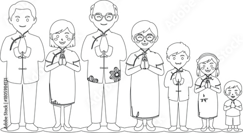 Line Art Illustration Asian Family in Traditional Dress Greeting, Celebrating Chinese New Year
