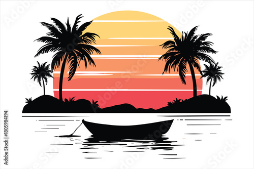 tropical island with palm trees and sun, palm, beach, tree, summer, sea, island, vector, tropical, sun, illustration, sunset, nature, hawaii, vacation, ocean, travel, silhouette, holiday, paradise, de