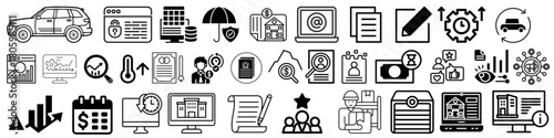 Modern black and white line art featuring business, finance, real estate, and technology icons for commercial use
