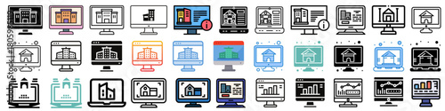 Explore real estate online with modern icons on computer screens showing listings and statistics, a vector illustration