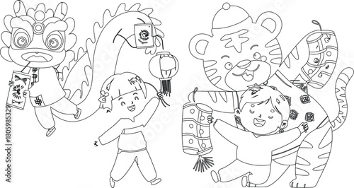 Lunar New Year Coloring Page Kids with Tiger, Dragon, Lion Dancing Figures