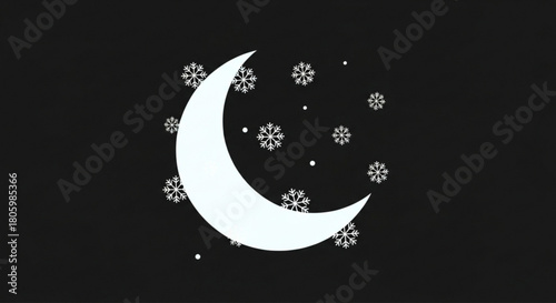 Crescent moon with snowflake on winter night sky with moon and snow christmas and new year holiday celebration concept isolated on