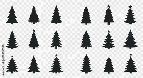A diverse collection of christmas tree silhouettes isolated on, perfect for holiday designs and festive decorations, adding a touch of winter charm