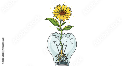 Sunflower Growing Out of Broken Light Bulb Symbolizing New Ideas, Generative AI.