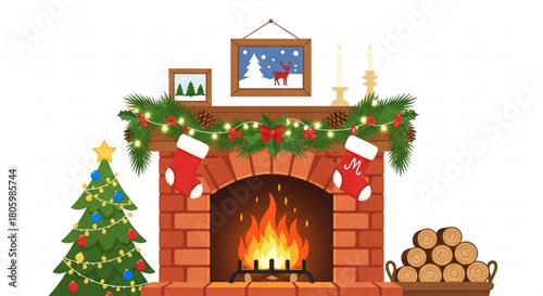 A cozy christmas fireplace scene isolated on, featuring a decorated mantel, stockings, a christmas tree, and a warm fire, creating a festive atmosphere