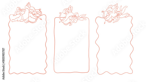 Flying Cupid holding bow and aiming or shooting arrow hand drawn with contour lines on white background. God of love, Amor vector illustration. Whimsical romantic Valentine's Day print 