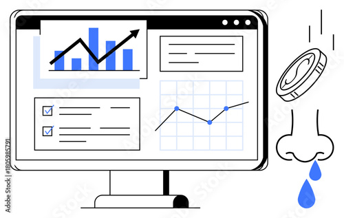 Computer screen with charts, checklists, upward trends, and dripping nose with coin falling. Ideal for data analysis, finance, economics, business strategy, tracking progress problem-solving
