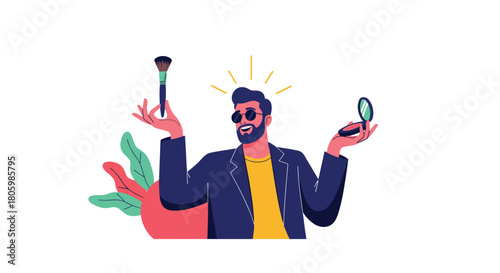 A trendy, cheerful bearded man in sunglasses holds a makeup brush and compact mirror, symbolizing modern male grooming and self-care.