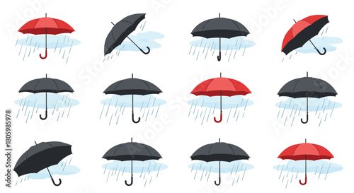 Many red and black umbrellas in various positions, some open and some tilted, providing shelter from falling rain and clouds.