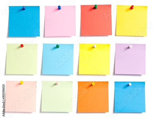 Twelve colorful square sticky notes pinned to a white background