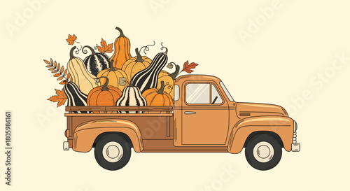 A vintage orange pickup truck carrying a bountiful autumn harvest of various pumpkins, gourds, and colorful fall leaves against a cream background.