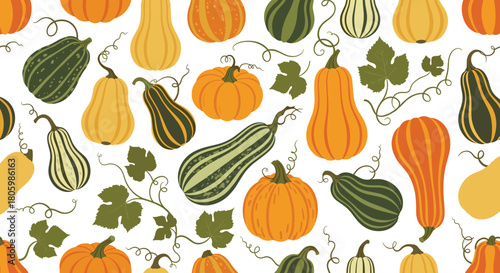 Vibrant autumn seamless pattern featuring a variety of colorful pumpkins and gourds with green leaves and curly tendrils.