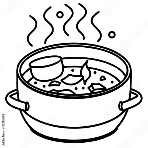A pot of hot soup with vegetables
