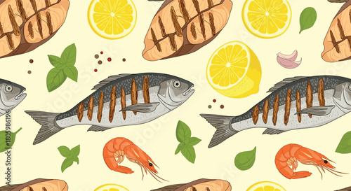 Seamless pattern with grilled fish, salmon, shrimp, lemon, and herbs on a light background, perfect for seafood lovers.