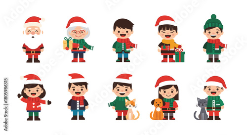 A collection of cute cartoon characters, including Santa Claus, Mrs. Claus, and children with pets, dressed in festive Christmas attire.