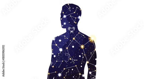 Human silhouette filled with constellations and stars, Generative AI.