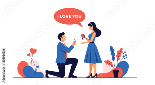 A man on one knee proposes marriage to a woman holding a bouquet, expressing his love with a speech bubble.