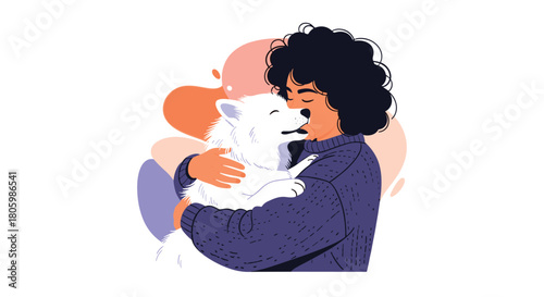 A person with dark curly hair tenderly hugs a fluffy white dog, both appearing content and joyful in a warm embrace, set against soft abstract shapes.