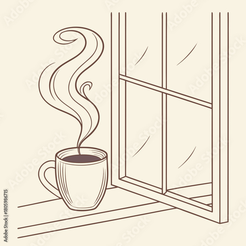 Illustration of a steaming cup of coffee by the window