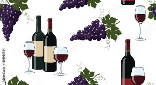 Elegant seamless pattern featuring red wine bottles, wine glasses, and dark grape bunches with green leaves on a clean white background.