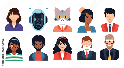 A collection of diverse user avatars and profile pictures featuring men, women, a robot, and a cat, suitable for online platforms.